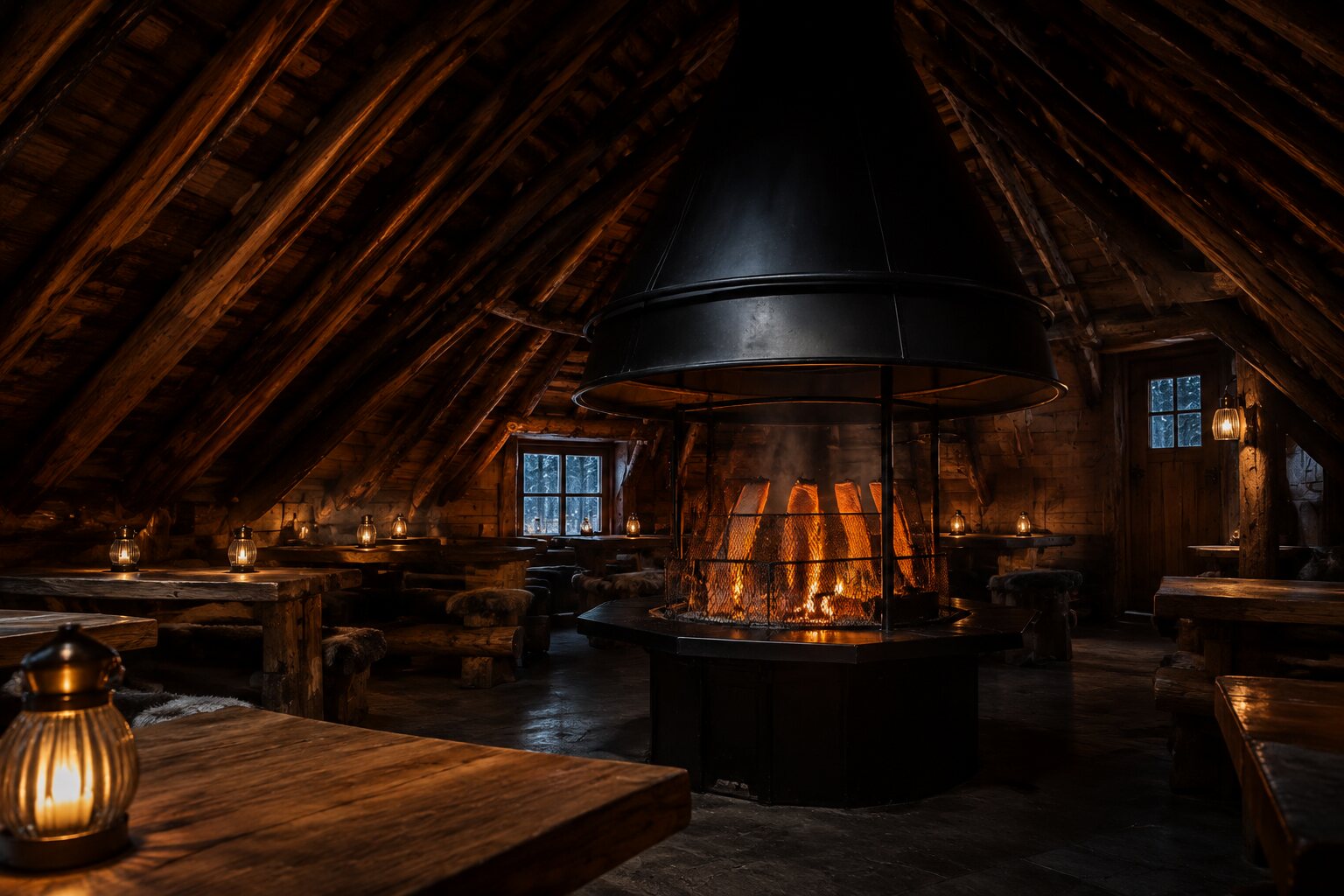Timber seating arranged around the central open fire inside the kota